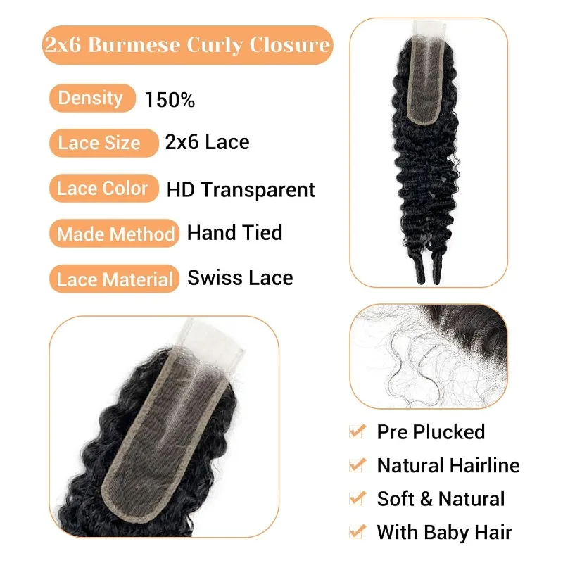 20 Zoll burmesisches lockiges 2x6 HD transparentes Spitzenverschluss-Mittelteil aus brasilianischem Remy-Echthaar mit Babyhaar in natürlicher Farbe – Detail 2