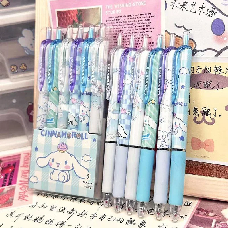 Sanrio Hello Kitty 6pcs Series Gel Pen 0.55mm Refill Y2k Cinnamoroll Kuromi MelodyCartoon Press Pen Black Stationery Supplies