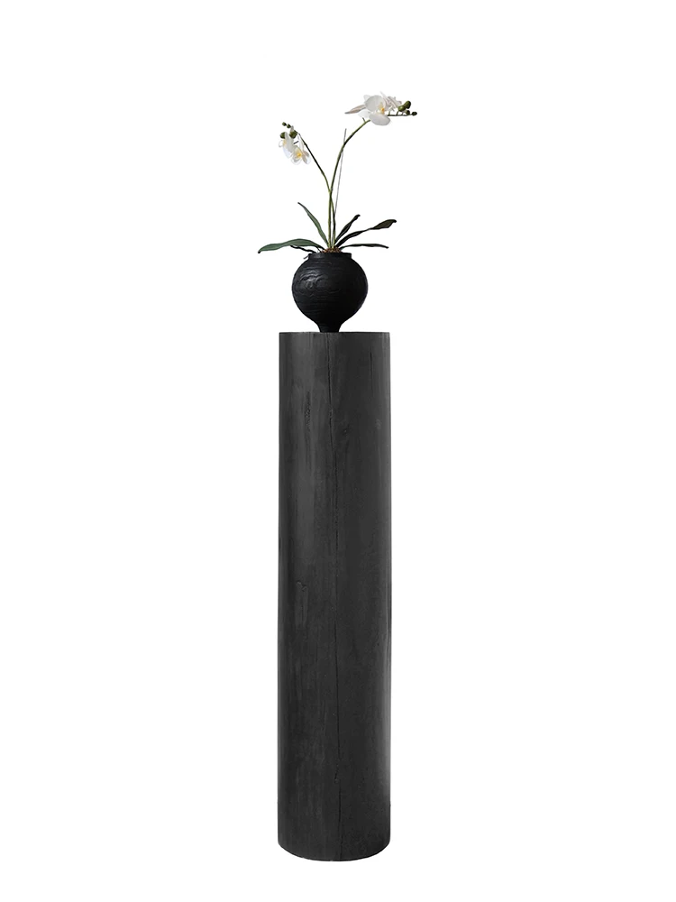 zv-Sculpture table Wabi Sa solid wood cylindrical home living room floor ornament decorative flower stand carbonized log stump*