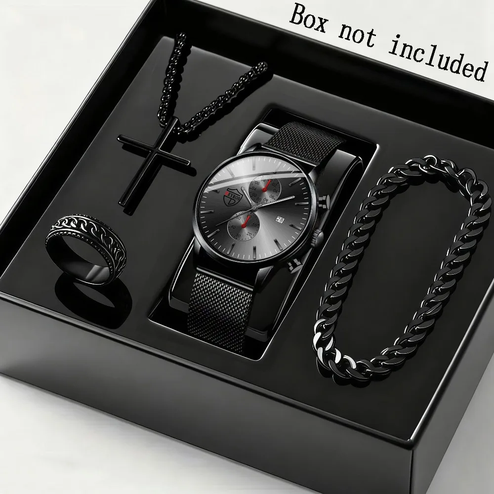 [ Men Watch Set ] 4pcs/set Men'S Quartz Watch & Bracelet set | Stainless Steel | Casual Watch | Business Watch |Bracelet for Men