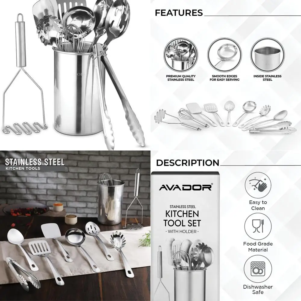 

Набор кухонных инструментов из нержавеющей стали из 10 предметов с держателем: прочный, легко чистится, компактный для приготовления пищи и выпечки