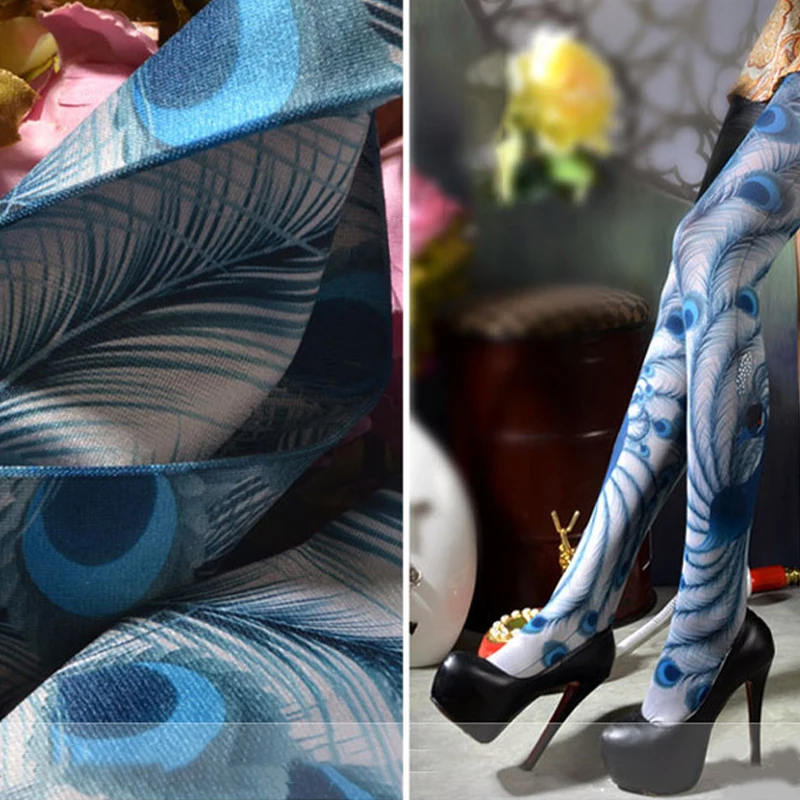 Women Retro Ethinic Style Sexy Pantyhose Peacock Printed Tights Girl Catwalk Show Pantyhose Spring Thin Transparent  Stockings