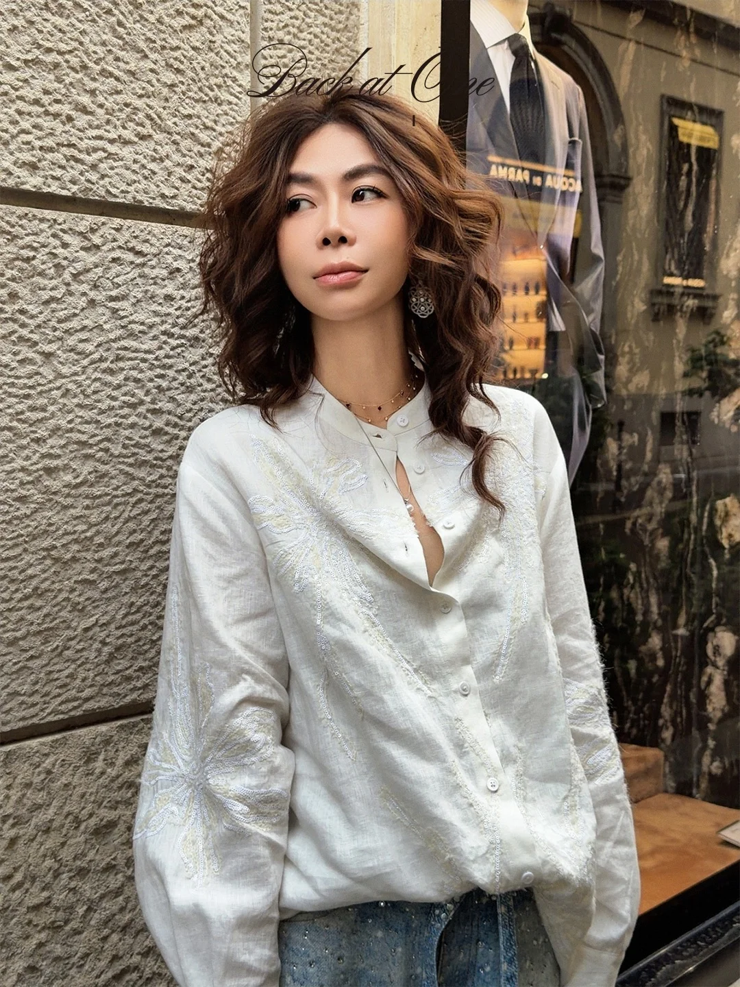 

Рубашка Backatone Art Salon Series из льна с вышивкой, воротником-стойкой, повседневный стиль, длинный рукав, женская, премиум-качество, модная