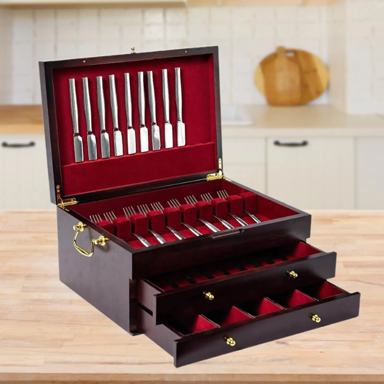 

Silverware Storage Box Wood Multfiunctional Accessories Flatware Storage Box Utensil Case Silverware Chest for Kitchen Home