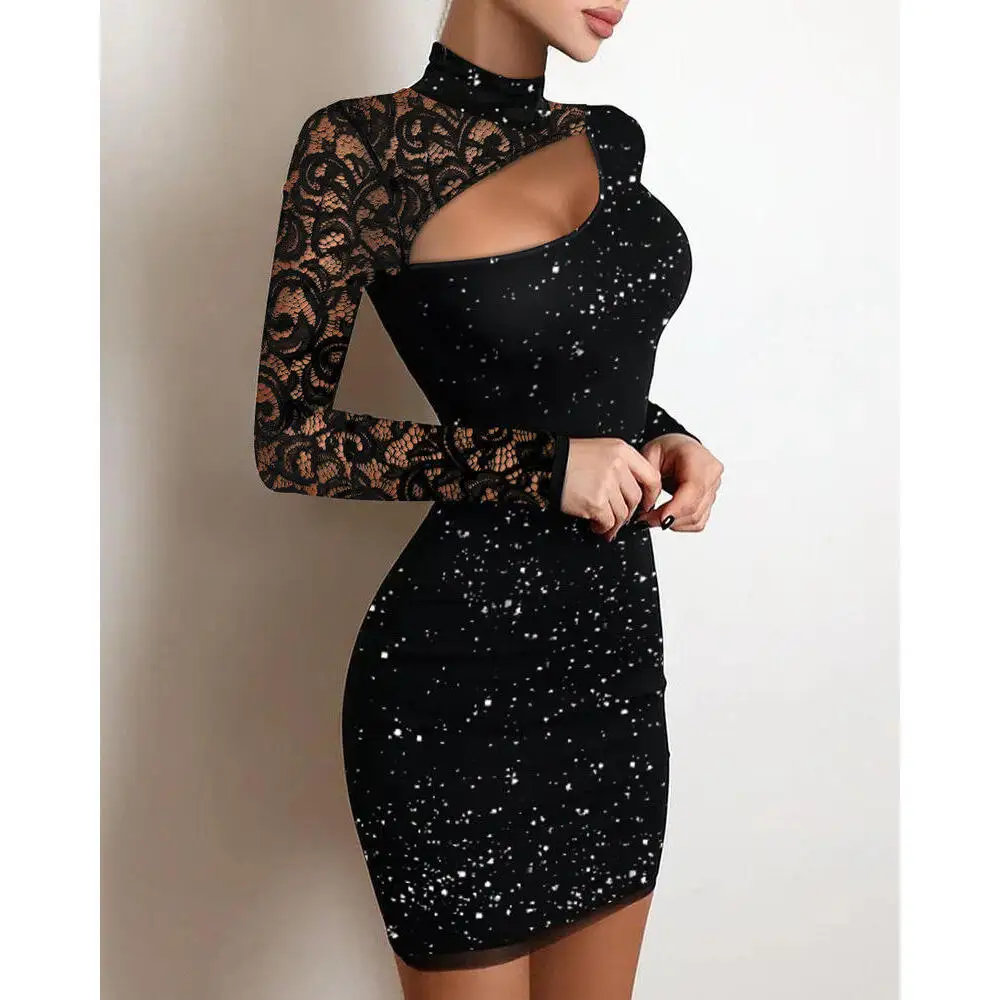 Faionable Lace Hollow out Dr Sparkling Highlight Strickstoff Slim Fit, figurbetonter Rock Frühlingsaison Damen Dr
