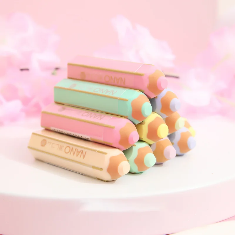 Kawaii Pencil Shape Rubber Eraser Korean Stationery Macaron Color Cute Pencil Erasers Kids Writing Tools School Office Supplies