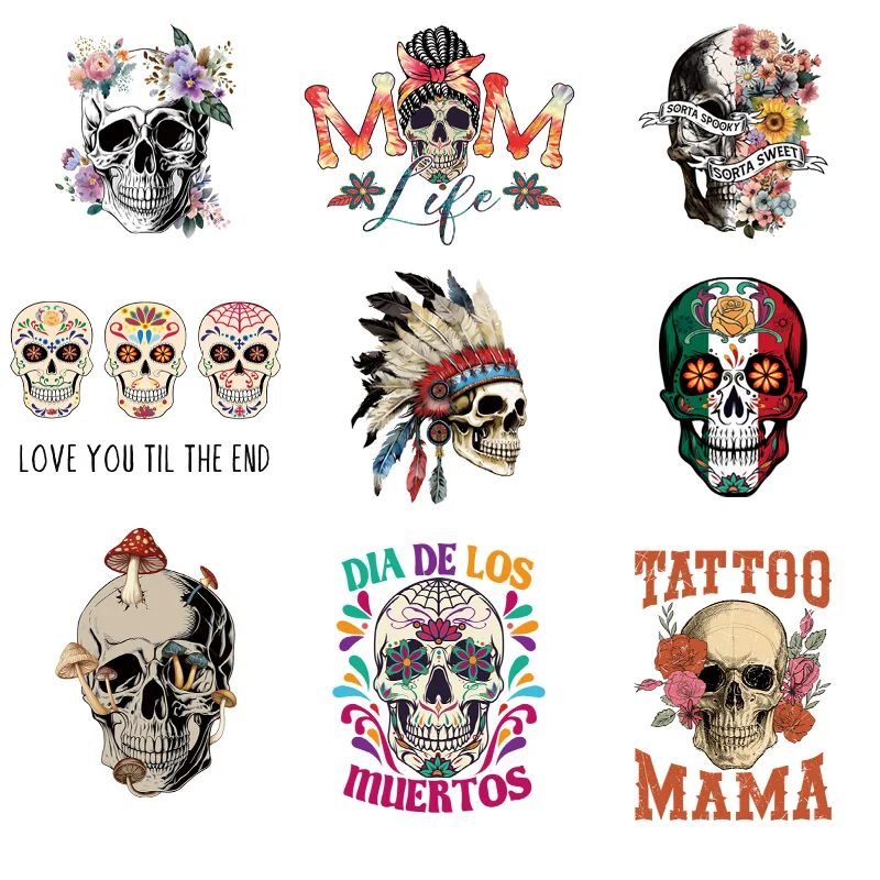 Pegatinas de dibujos animados para manualidades, parches de transferencia de ropa, accesorios de bricolaje, exquisitos patrones del alfabeto de Calavera, nueva versión de 9 piezas