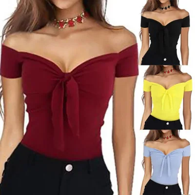 T shirt women 2025 fashion Spring Europe new V-neck strapless off shoulder beach party Slim T-shirt women's clothing
