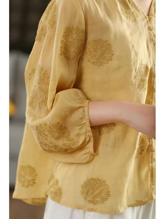 엘리 자수 코튼 린넨 여성용 얇은 여름 신상 슬레 랜턴 스타일 오픈 가디건 브이넥 레귤러 길이