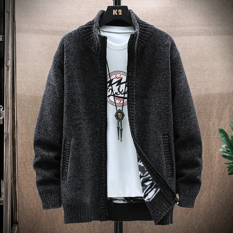 Winter Knitted Sweaters Stand Up Collar Cardigan Men's Casual Jacket Solid Color Wool Sweater Male Comfortable High-quality Coat