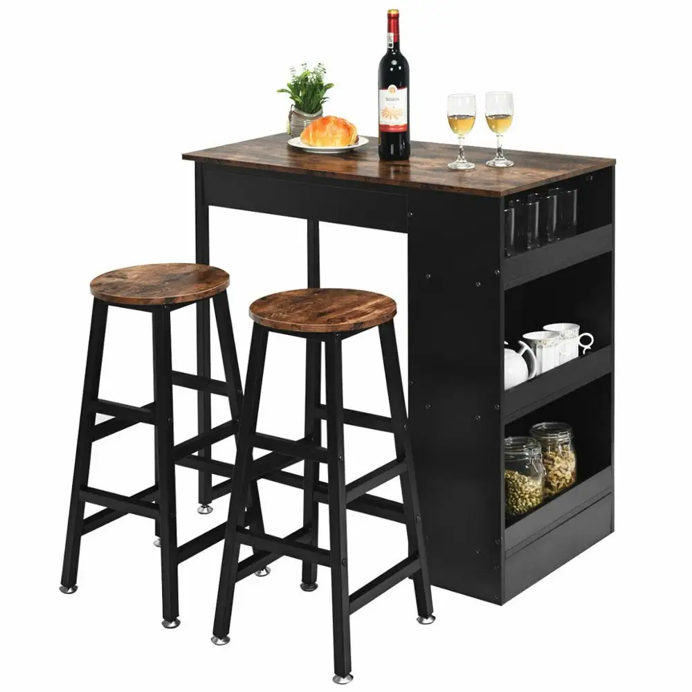 

3 Pieces Bar Table Set Industrial Counter Height Dining Table Set with Storage