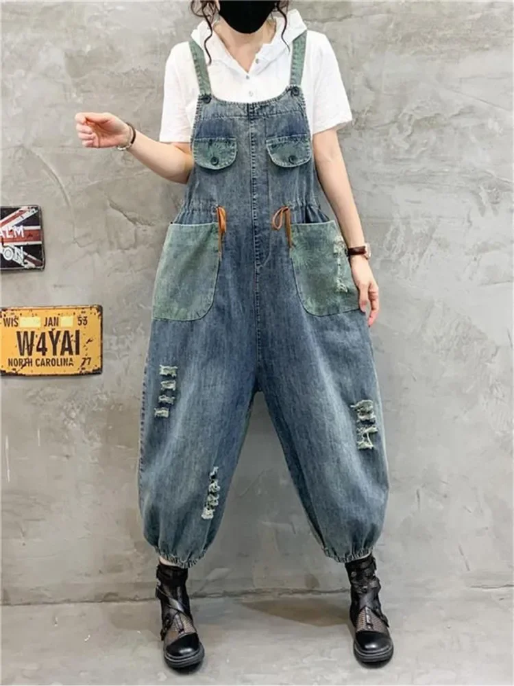 High Street Abbigliamento donna Fori Bretelle in denim Primavera Autunno Nuova moda coreana Tuta ampia femminile stampata a contrasto di colore