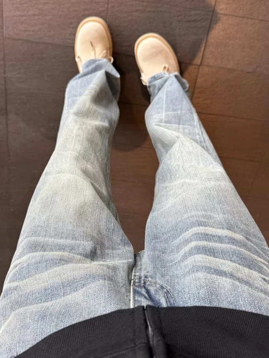 

Светло-голубые мужские джинсы с узором «усы», осенне-зимние, с американской обработкой, градиентные, Cleanfit, расклешенные, прямые брюки