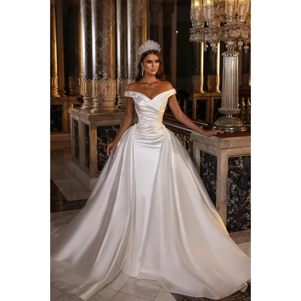 Vestido de novia blanco de lujo 2025, tren capilla con hombros descubiertos, ocasión Formal, vestido bonito para mujer, vestidos de fiesta de moda personalizados