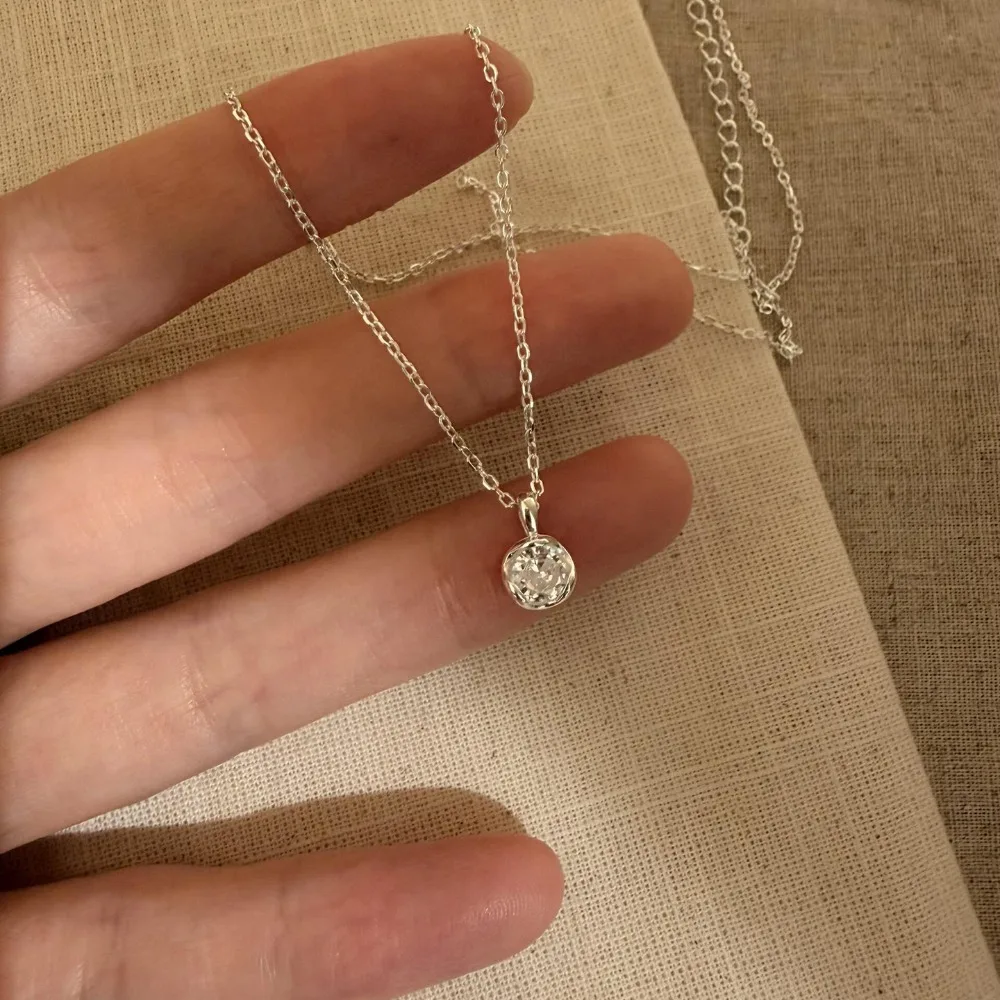 Minimalist 925 Sterling Silver Small Round Zircon Pendant Necklace Irregular Frame Thin Chain for Women Stackable Neck Jewelry