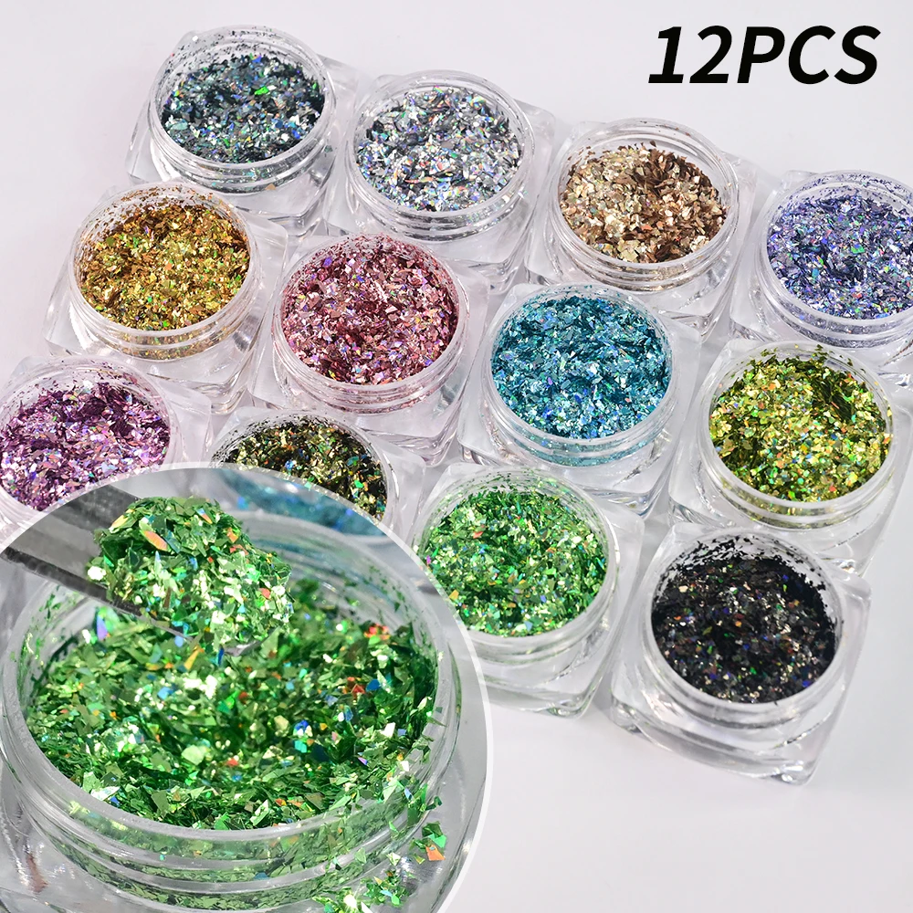 12Pcs Aurora Foil Nail Art Sequins Round/Starlight Shaped Neon Color Nail Art Foils Thin Flakes Nail Charm Glitter Accessories