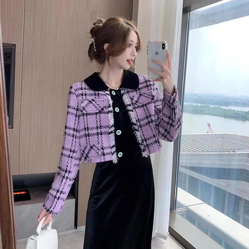 Women\'s Autumn Winter 2023 New Popular Plaid Purple Tweed Coat Korean Fashion Outwear Jacket