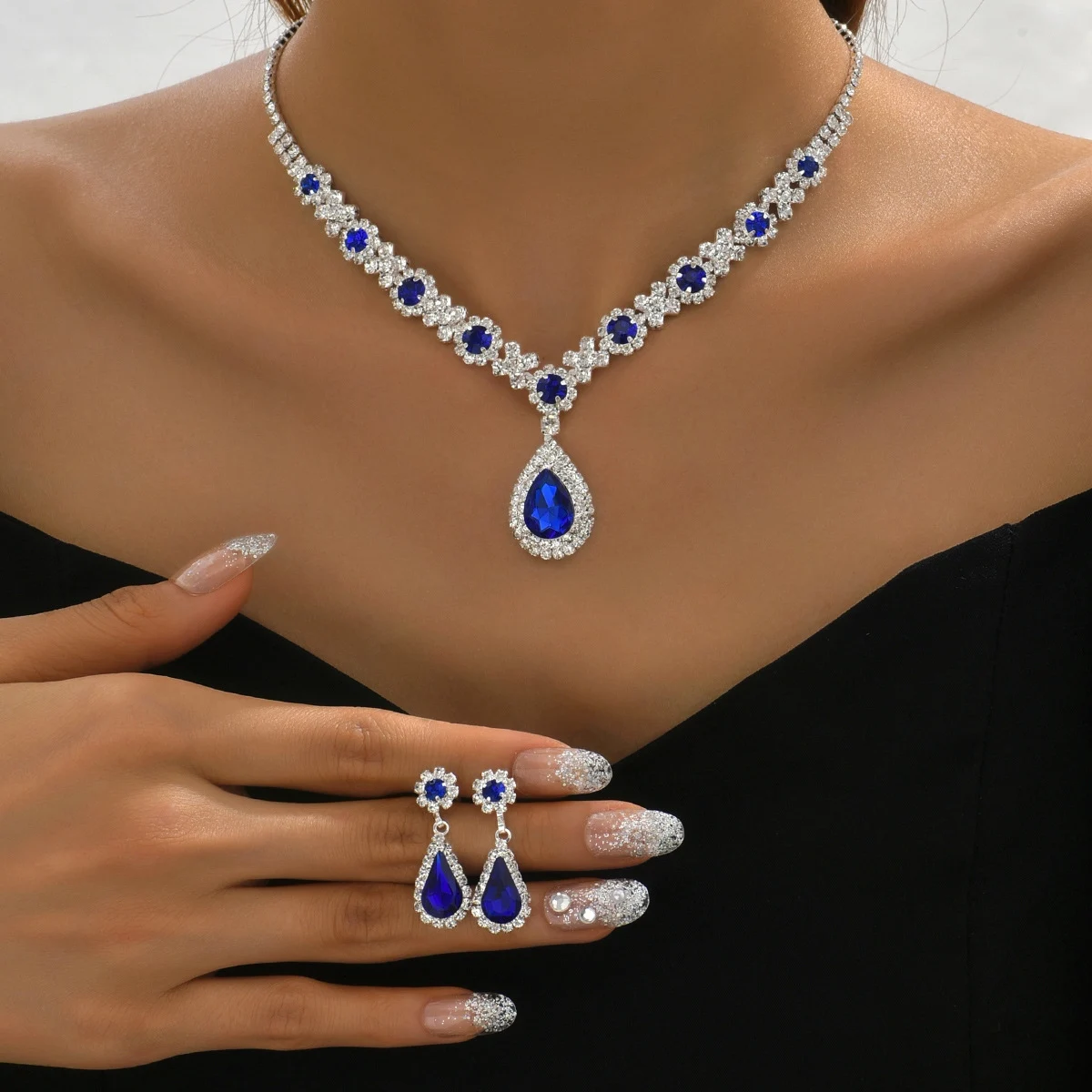 3PC Women's Trendy Copper Claw Chain Series Water Drop Gem Necklace Earrings Jewelry Set Wedding Banquet Party Holiday Gift