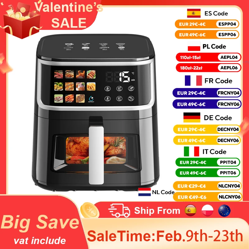 Patbrela Fettfreie Heißluftfritteuse 5,5/8L mit LED-Bildschirm, 11 voreingestellten Funktionen: Braten, Backen, Dehydrieren, Aufwärmen, leise, antihaftbeschichtet