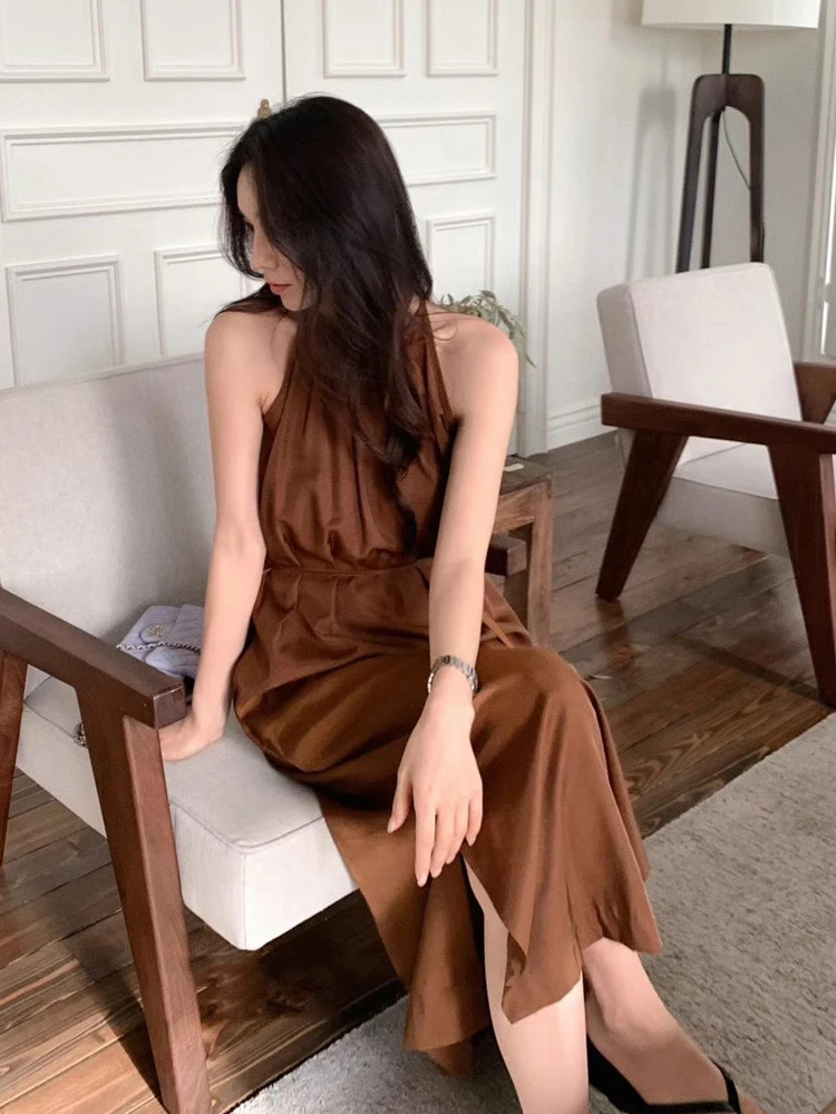 Vaion Sle Off-oulder Long Dr Women's High Waist A-Line Skirt without Sve Summer Season Hanging Ne Pleated Dr