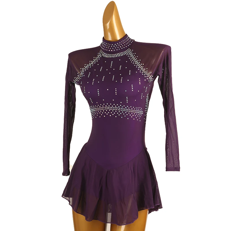 Vestito da pattinaggio artistico viola donna ragazza vestito da pattinaggio su ghiaccio Costume da ginnastica strass di cristallo personalizzato B098