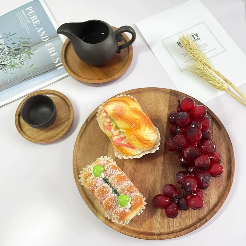 

15/20/25cm Wooden Round Serving Platter Tray Retro Wood Pizza Salad Plate Fruit Dessert Tray Bread Cake Container Snacks Dish