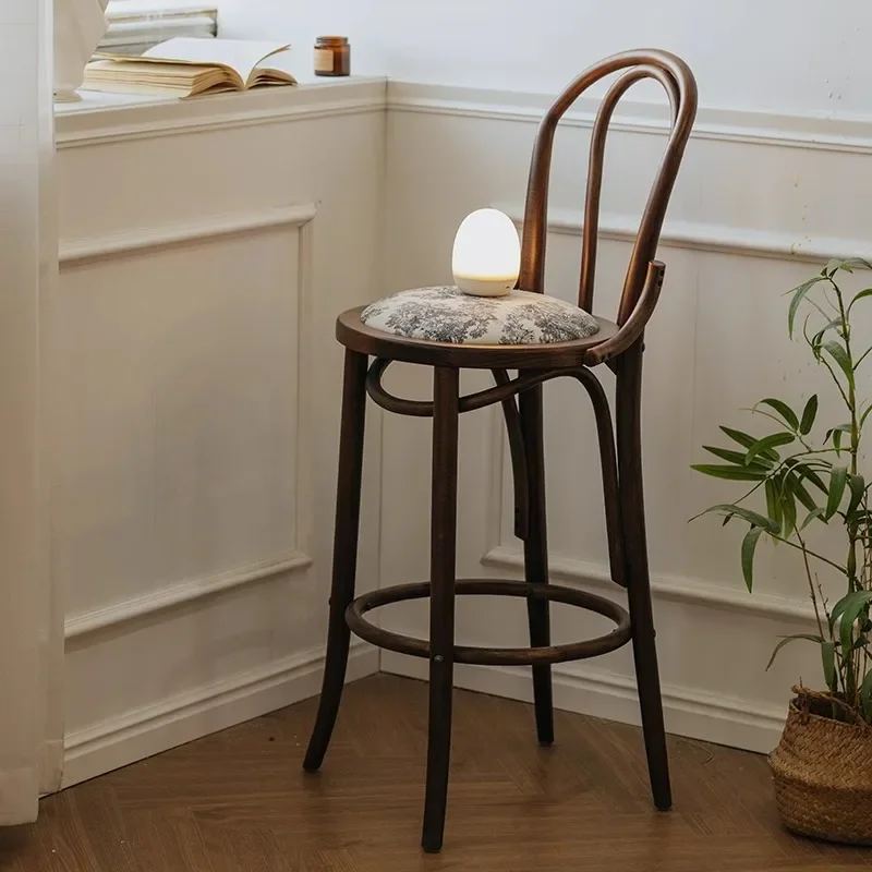 French solid wood bar chair printed high stool bar stool household water bar counter solid wood high chair retro