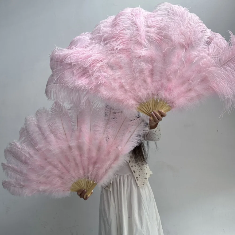 

Large light pink Ostrich Feather Fans Wedding Dance Party Stage Performance Plumas Accessories 90CM 130CM Natural Feather Fan