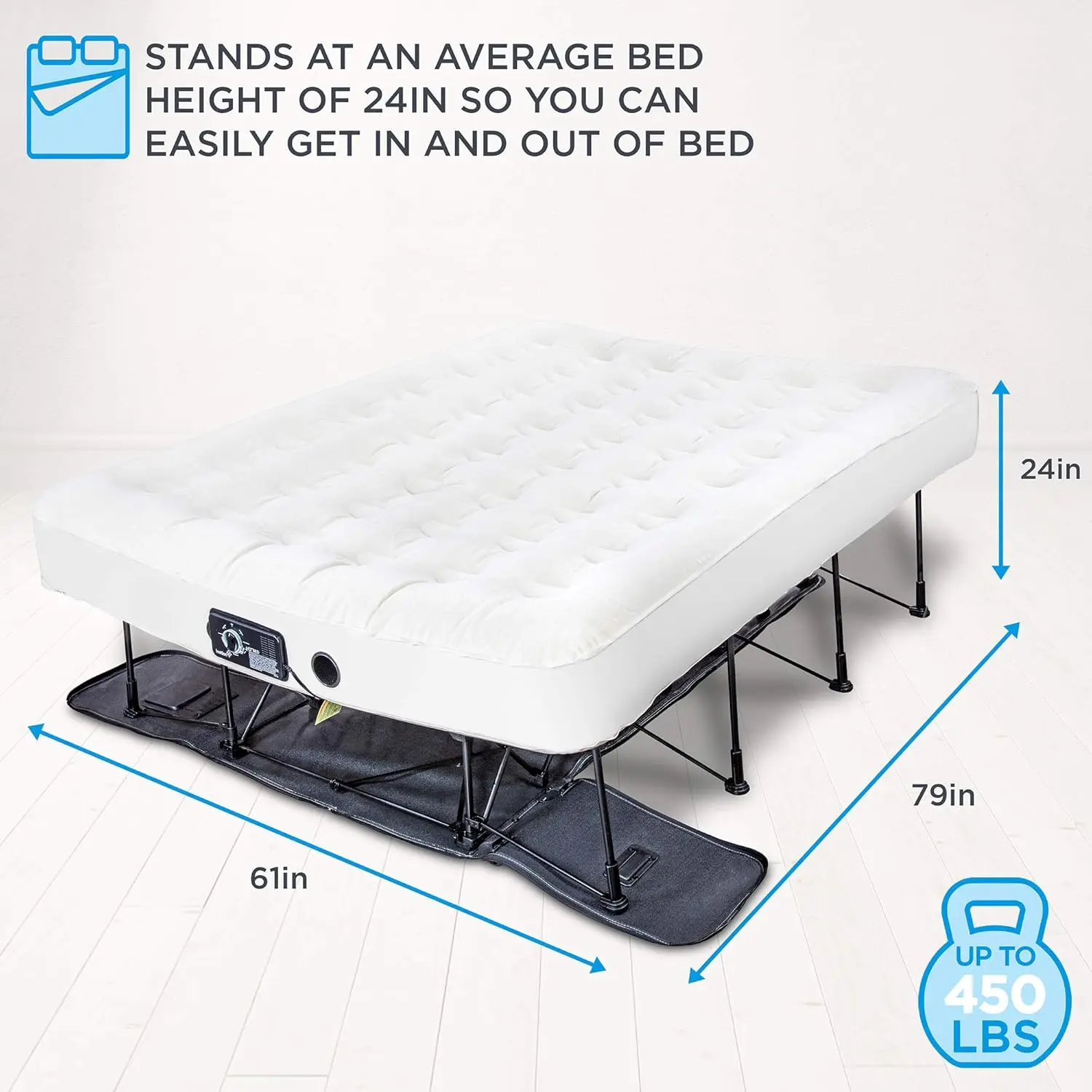 -Bed (Queen) Air Mattress with Frame & Rolling Case, Self Inflatable, Blow Up Bed Auto Shut-Off, Comfortable Surface AirBed, Bes