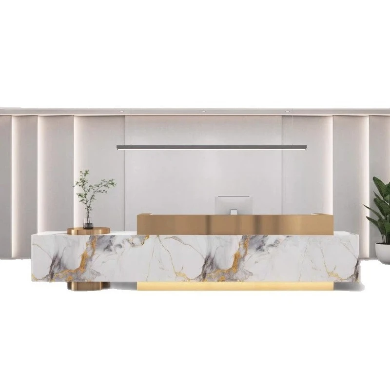 Modern light luxury company front desk checkout page hotel lobby clubhouse stainless steel bar table reception desk