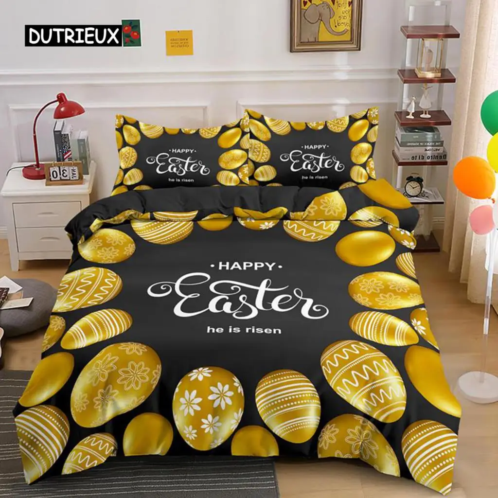 

Easter Duvet Cover Set Queen Size Golden Egg Twin Bedding Set for Kids Boys Girls Easter Theme Polyester Comfortable Quilt Cover