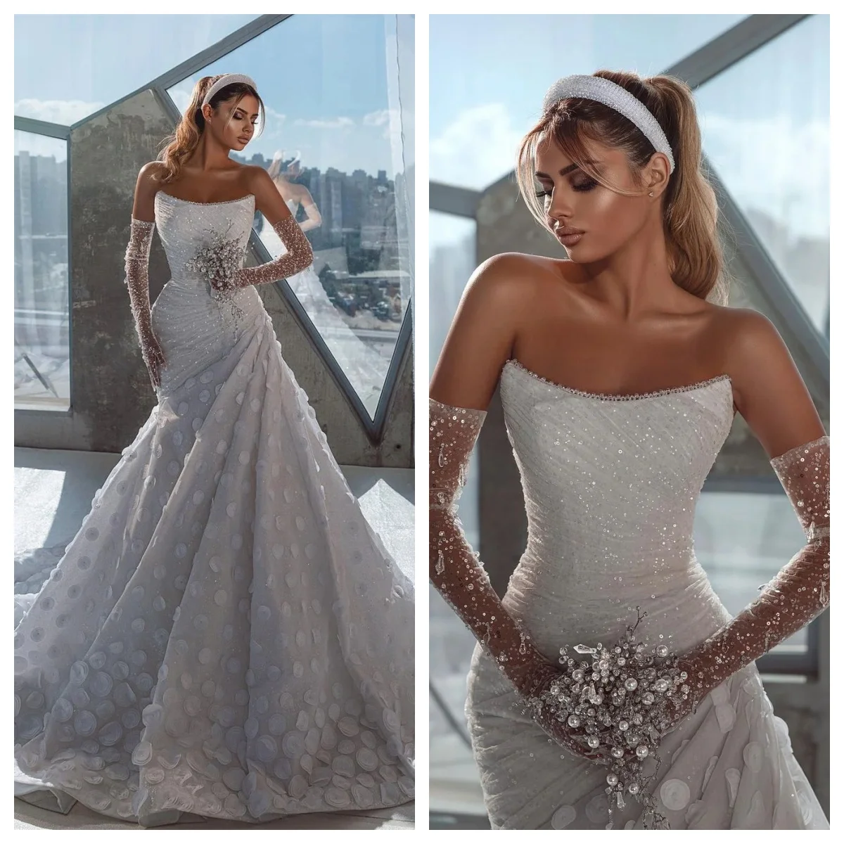 Sexy Backless Wedding Dresses Strapless Lace Delicate Court Train A Line Pleats Beaded 3D Flowers Bridal Gown Customized