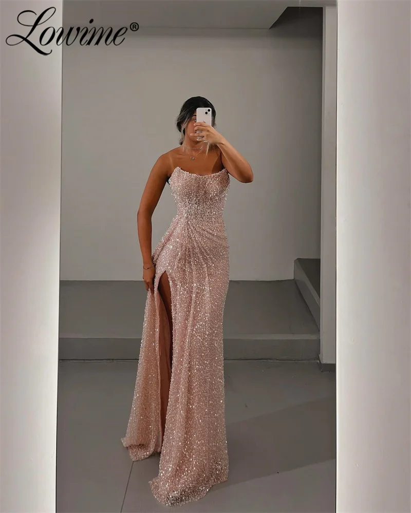 Pink Beads Party Dress Birthday Prom Dresses 2024 Crystals Arabic Women Evening Gowns Custom Strapless Bespoke Occasion Dress