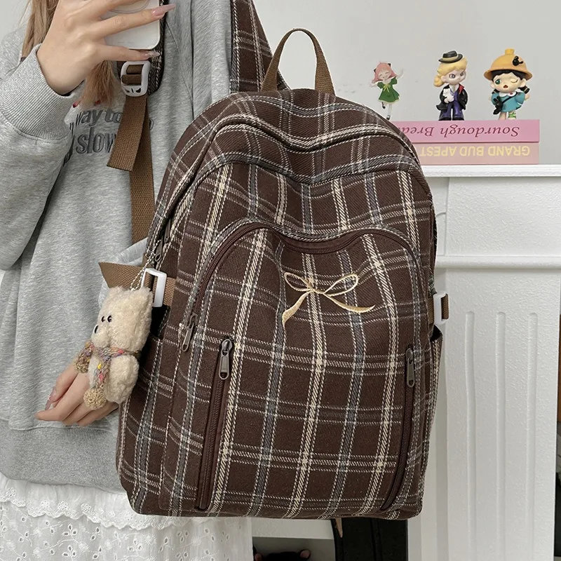 Japanese Artistic Casual Mori Girl Backpack Winter Retro Checkered Backpack Campus Students Schoolbags Outdoor Travel Rucksack