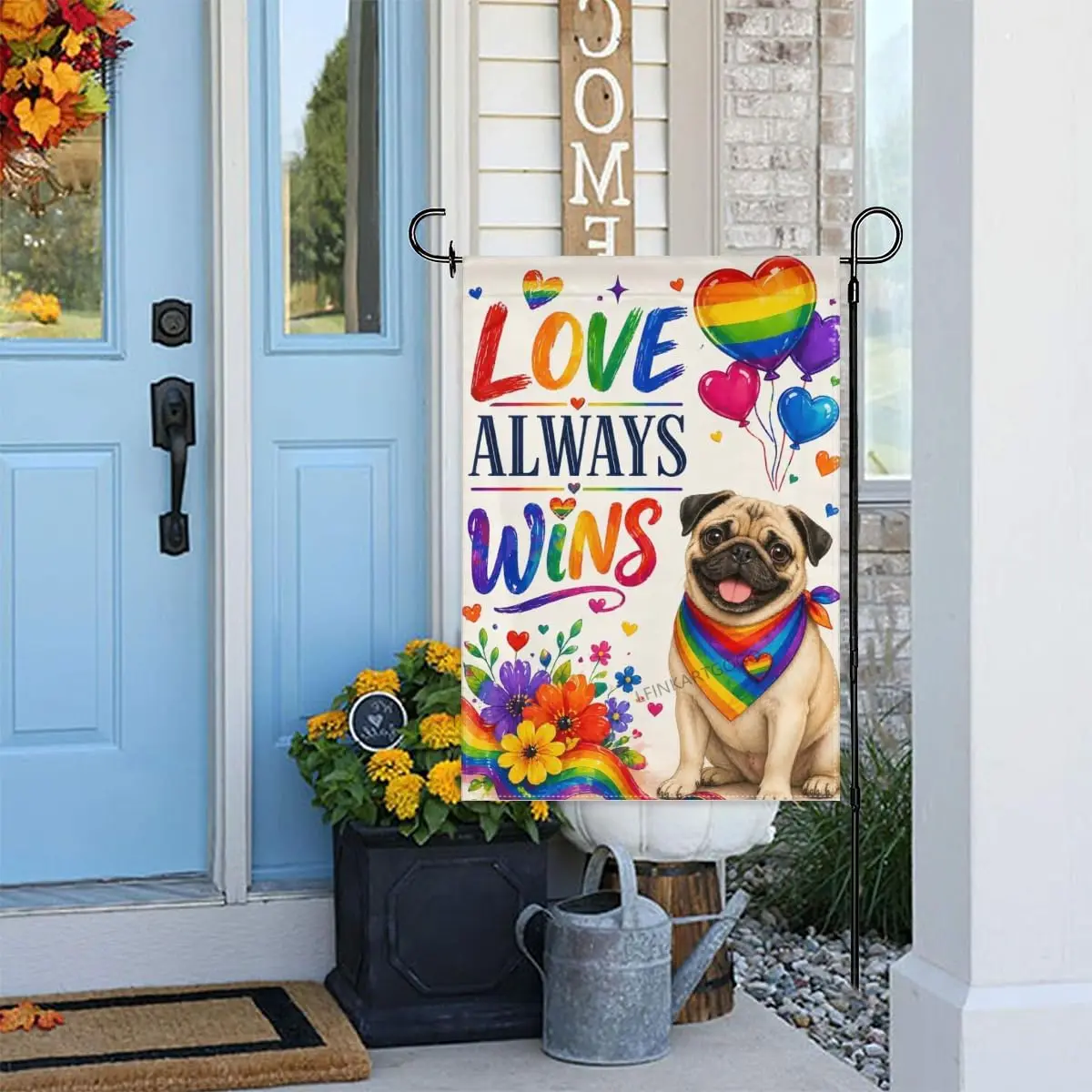 Pug-Dog Garden Flag 12x18 Inch Love Always Wins Colorful Heart and Floral Double Sided Polyester Outdoor Yard Flag for Home  kkz