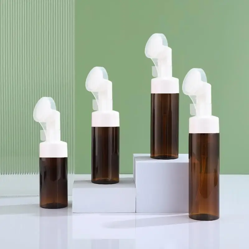Brown Soap Foaming Bottle Plastic Facial Cleanser Mousse Pump Dispenser With Silicone Brush Head Refillable Bottle For Shampoo