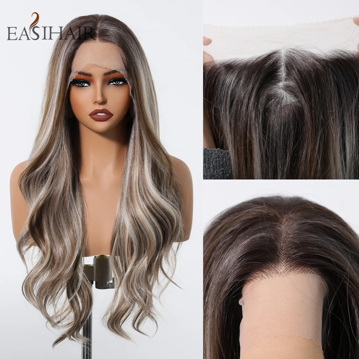 

EASIHAIR Brown Blonde Long Wavy Synthetic Lace Wig 13*6 Lace Front Wigs for Women Natural Hairline Daily Hair Heat Resistant