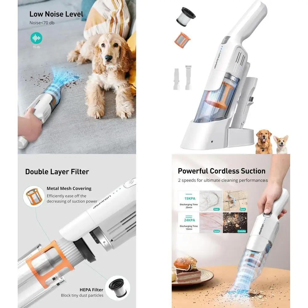 

Portable 24KPA Car & Home Vacuum Cleaner, 2-Speed, Dual Charging, Ergonomic Handle, Cream White