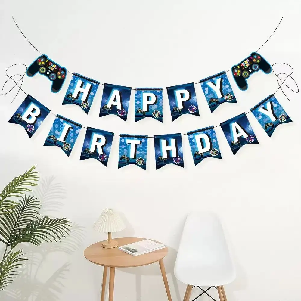 5 pcs blue and green games, happy birthday, flag raising controller, balloons, boys' birthday theme, party decoration - view 5