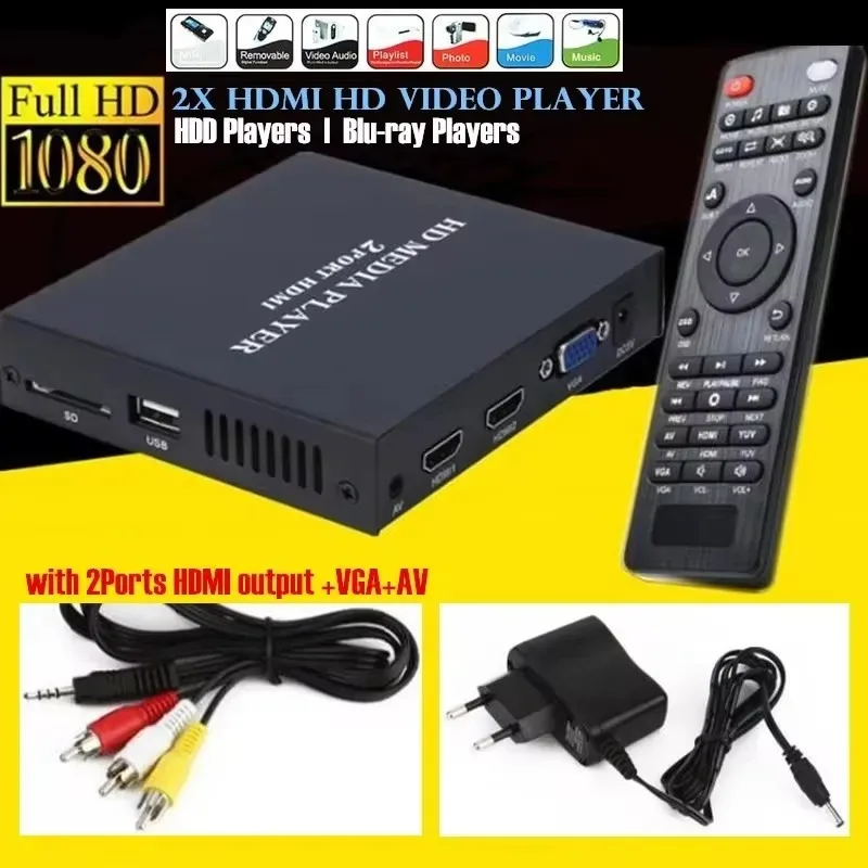 

Mini Full HD 1080P USB External HDD Player Host Support MKV AVI U Disk SD MMC 2xHDMI Media Video Player IR Remote Blu-ray Player