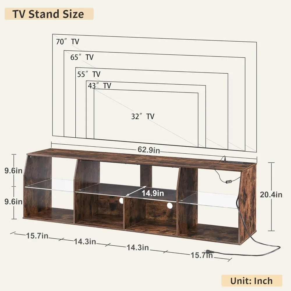 Soporte de TV para Juegos LED con tomas de corriente, gabinete de televisión con 7 estantes de almacenamiento abiertos, centro de entretenimiento Industrial rown