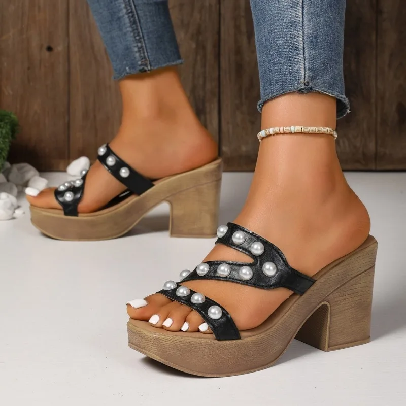 

2025 Hot selling New Pearl Thick Heel Slippers for Women, Versatile High Heel Slippers, Open toed Fashion Sandals