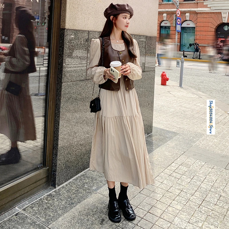 

French Style Elegant Puff Long Sleeve O-neck A-line Maxi Dress for Women 2024 Autumn New Sweet Dresses Female 2582