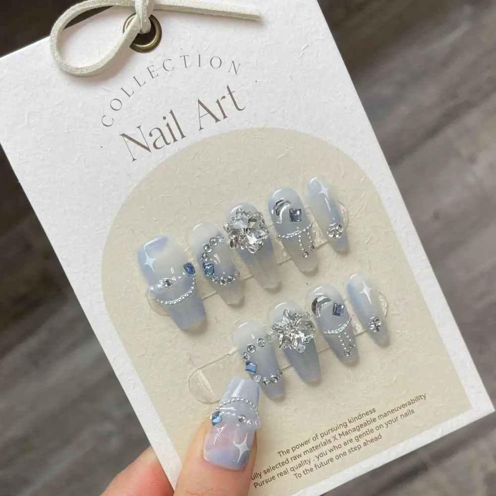 10pcs/box with Tool Box Snow Diamond Handmade Nails Full Cover Pure Manual Crystal Haze Blue False Nail XS S M L Press on Nails