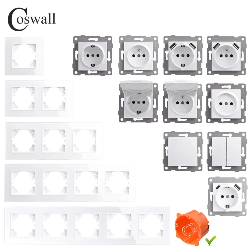 COSWALL White Glass Panel Wall Rocker / Touch Switch EU Standard Socket USB Type-A & C Charger Internet Satellite TV Module DIY