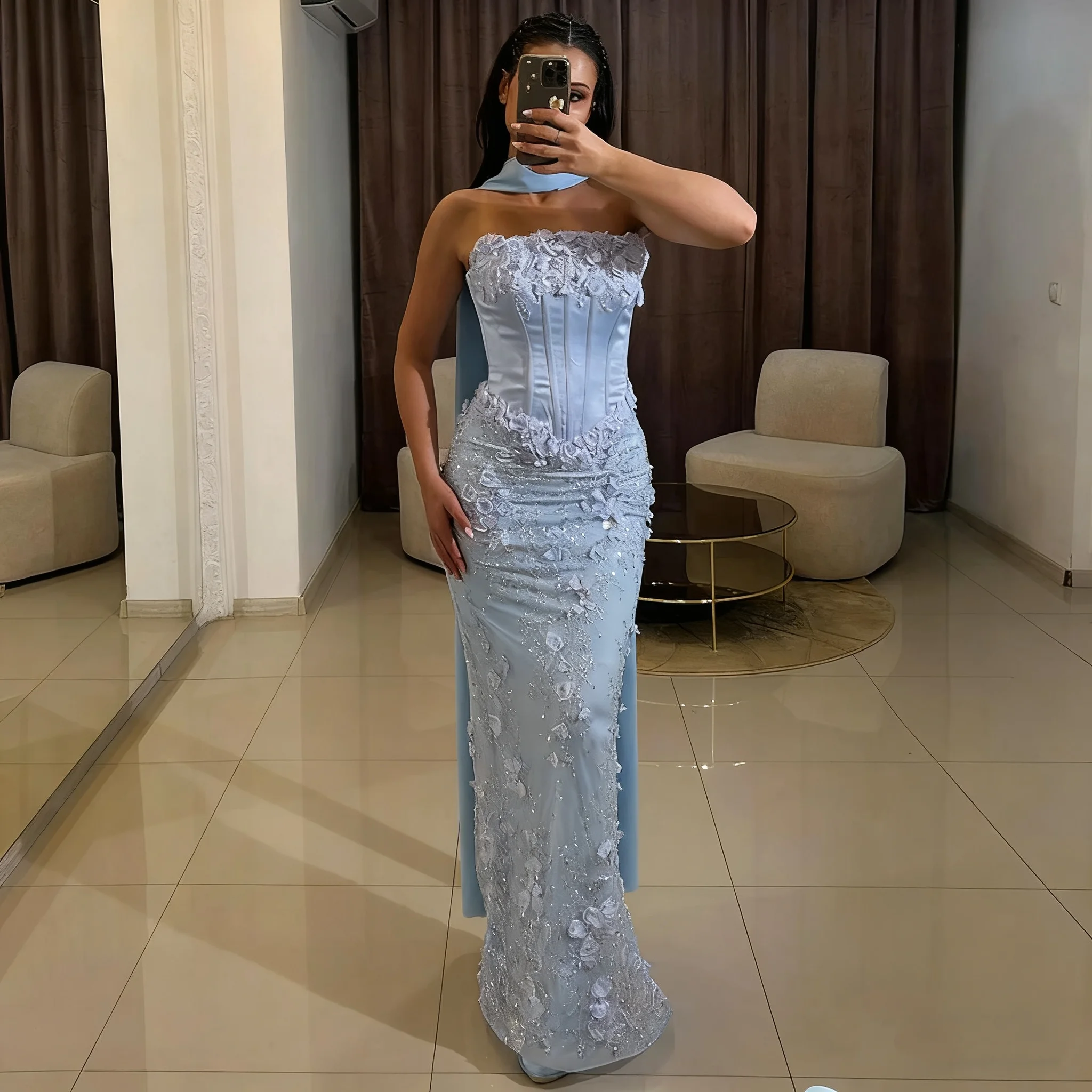 Elegante abito da sera arabo con decalcomania 3D a sirena, maniche a scialle senza spalline, abito da festa in pizzo, occasione formale, abito da ballo, personalizzazione