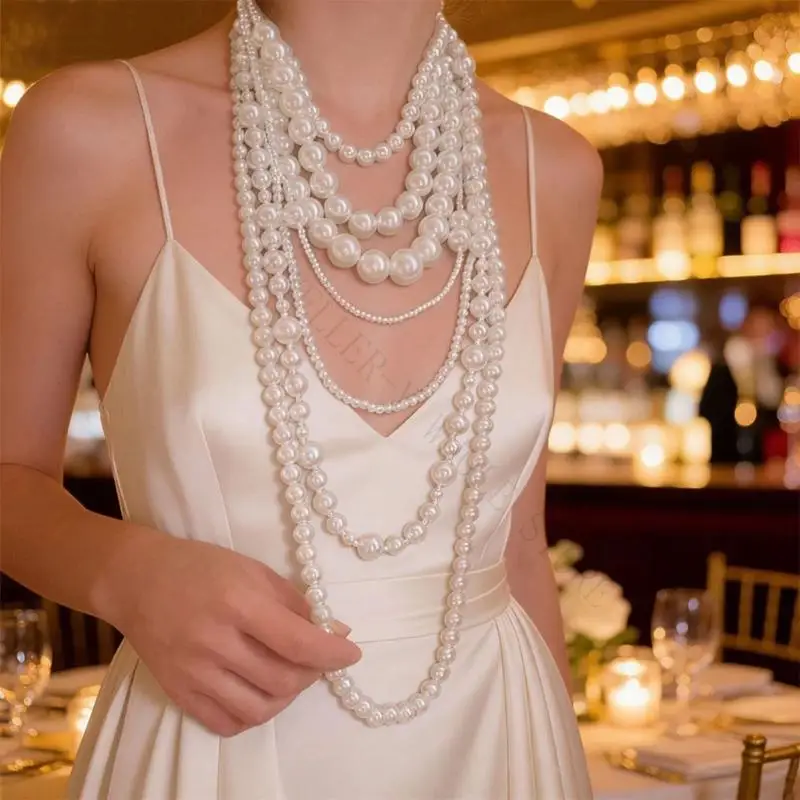 R7UF Stackable 7 Strand Faux Pearls Statement Necklace And Earrings For Ladies