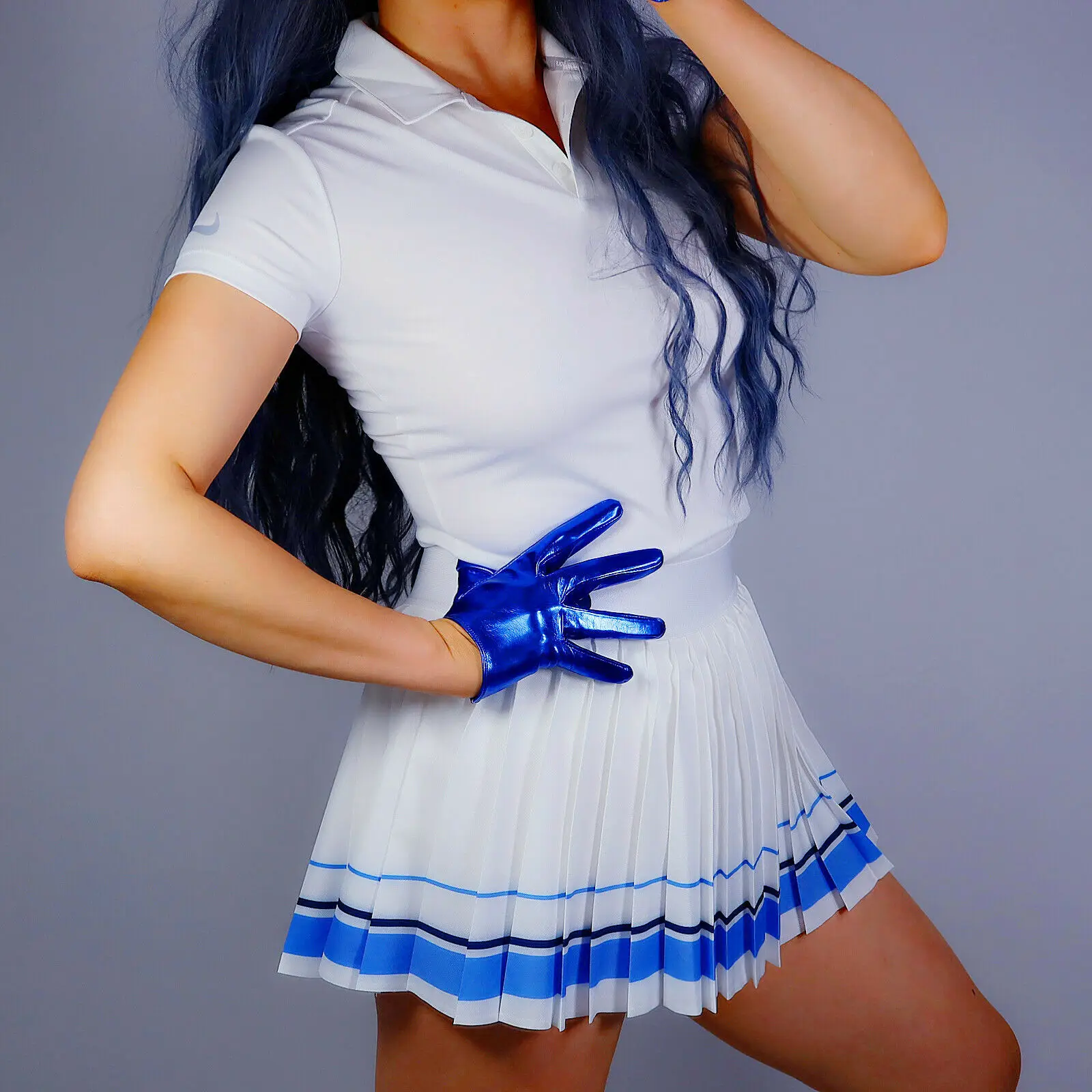 قفازات لاتكس قصيرة نصف النخيل لامعة فو براءات الاختراع والجلود 6 "16 سنتيمتر الكهربائية الملكي الأزرق مساء حفلة زي هالوين تنكري قفاز