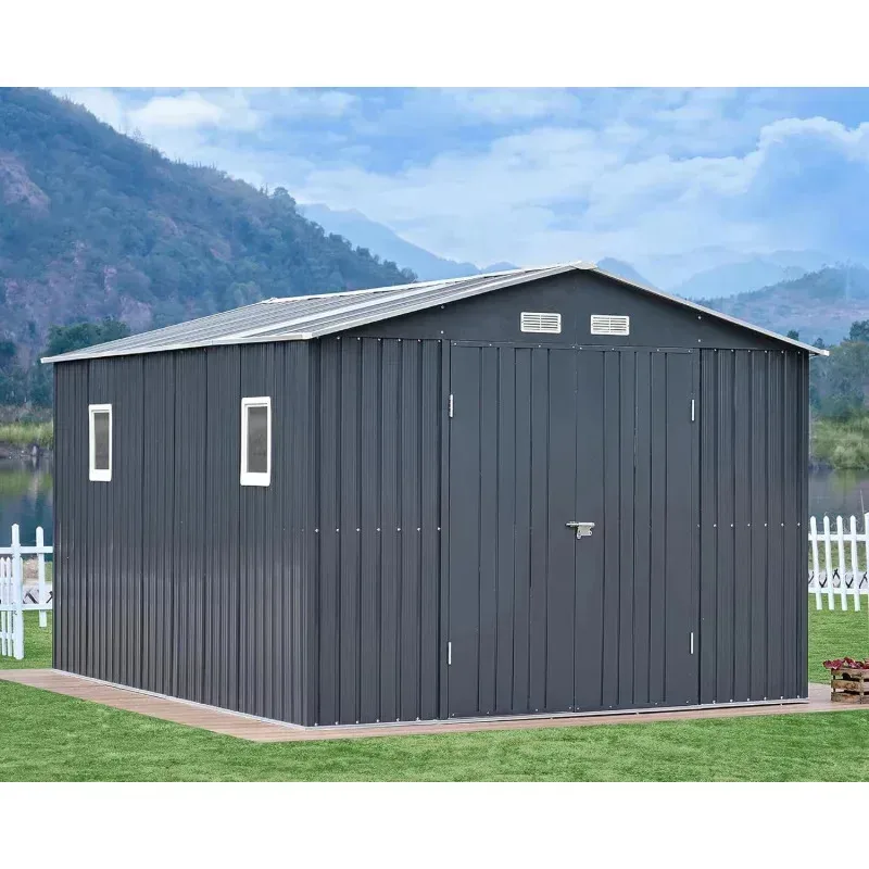 RPD4-VaAcc Almacenamiento de 10x12x7,5 pies. Metal con 2 paneles transparentes Puertas dobles con bisagras 4 salidas. Cobertizo exterior para patio trasero. Ga