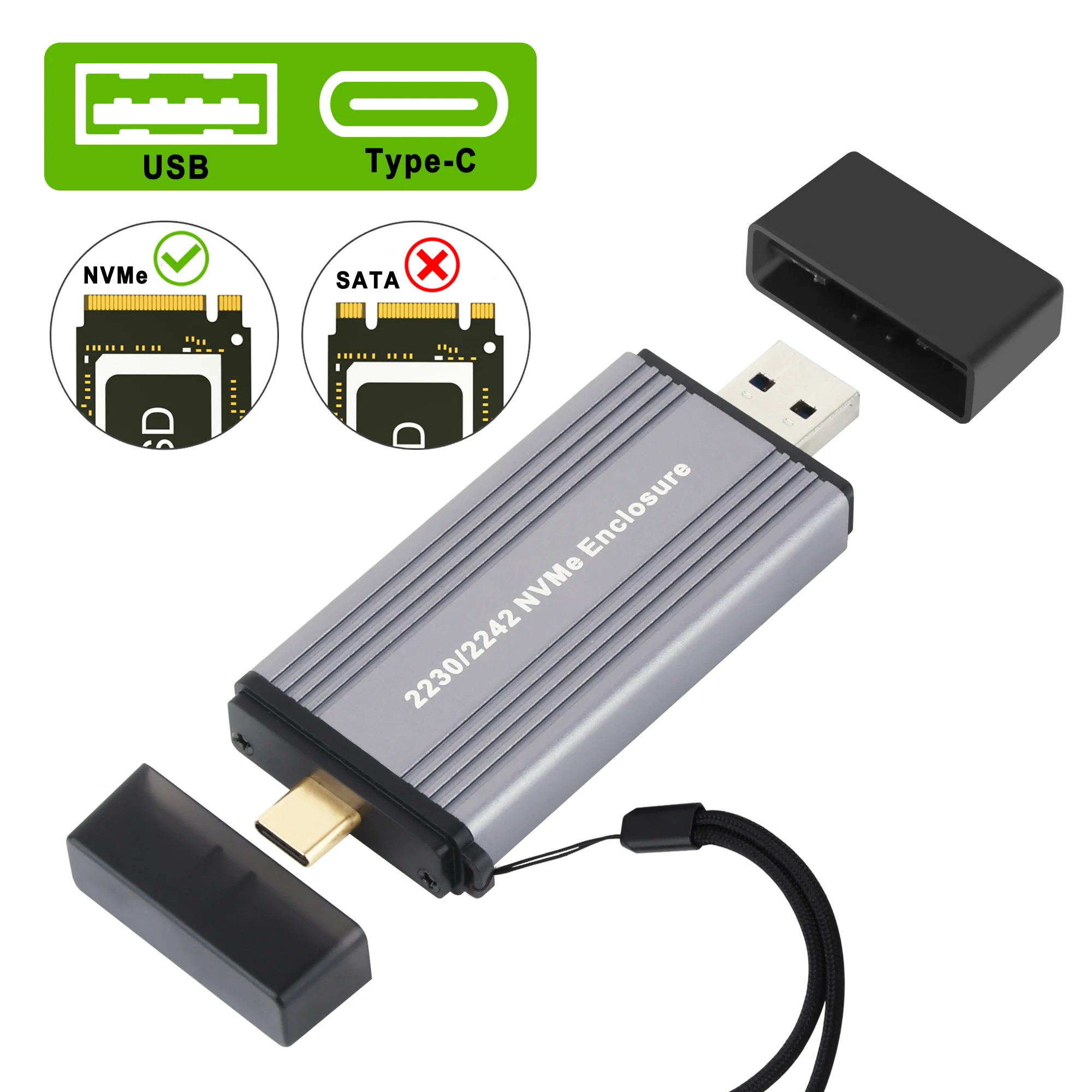 Carcasa de aluminio NVME M.2 A USB 3,1 Gen 2, carcasa de aluminio 10gbps tipo A + tipo C, SSD externo para clave M/M + B 2230 2242